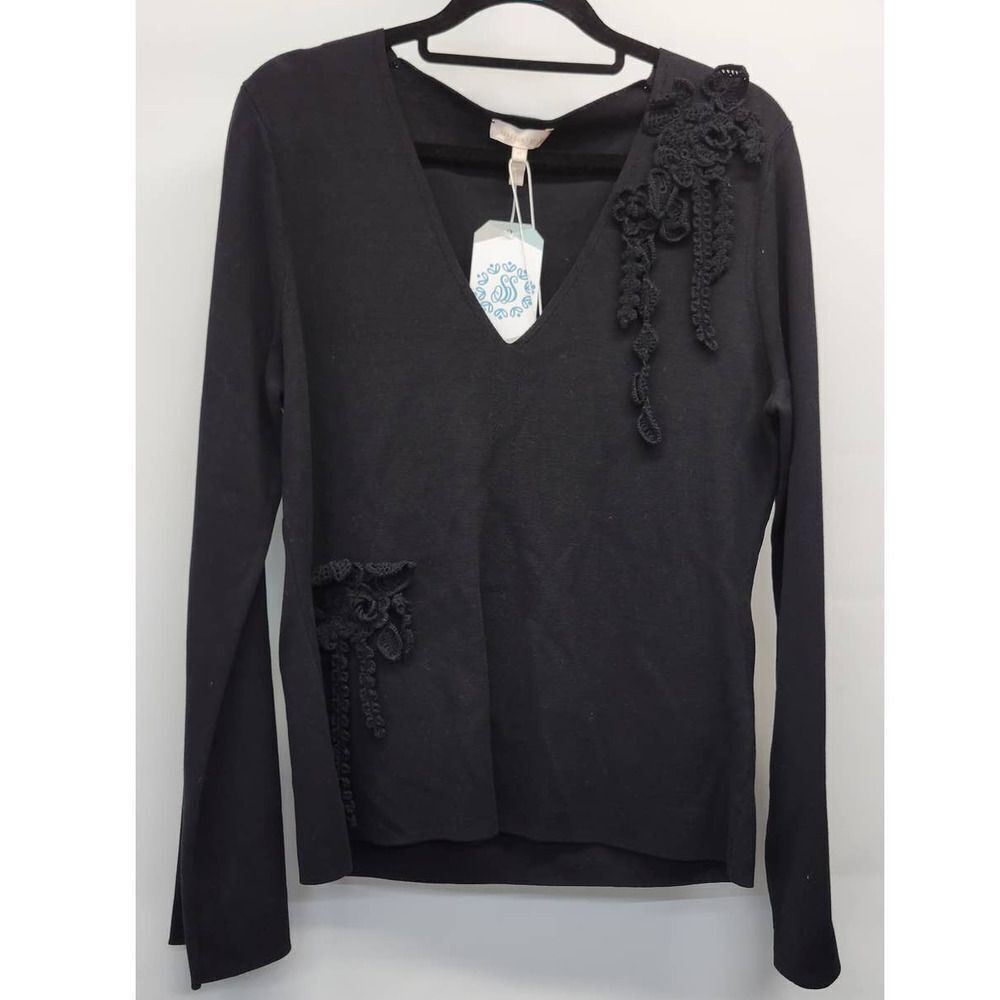 REBECCA TAYLOR Crochet Appliqué Slim Fit V-Neck Cotton Sweater